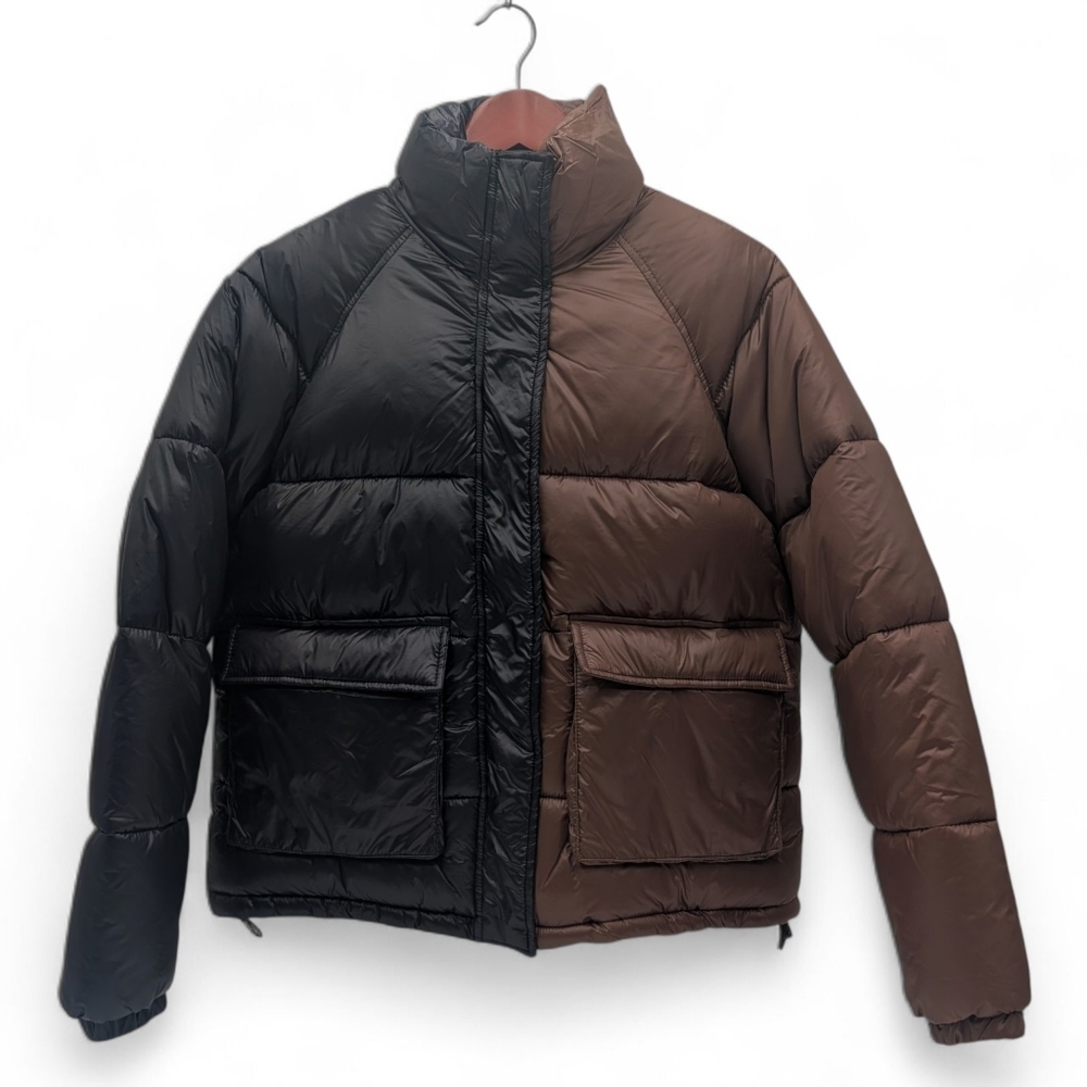 NWT Forever 21 Color Block Puffer Jacket Sz S Black/Brown Women Funnel Neck - Picture 4 of 17
